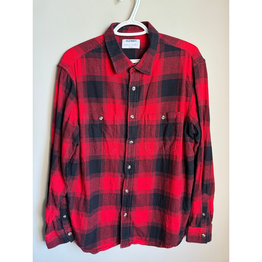 Old Navy Mens Red Black Buffalo Plaid Flannel Shirt Large Lumberjack Cabincore